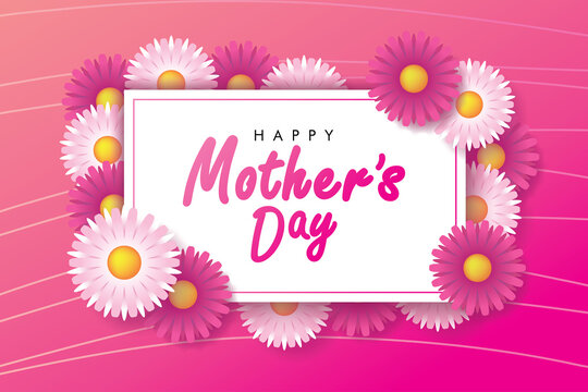 Happy Mother's Day Celebration Card with Flowers on White and Pink Background Vector Illustration
