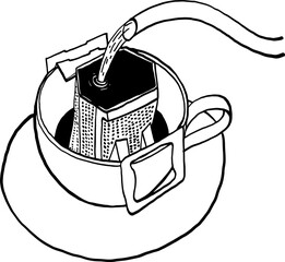 Pouring water in Drip coffee bag Hand drawn style illustration 