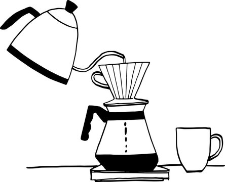 Pour Over Hand drip Coffee brewing Hand drawn style illustration 