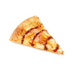 Top view on piece of pizza with macaroni up from the tray and show melted cheese.