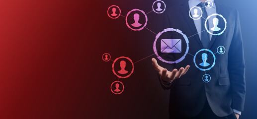 Email and user icon,sign,symbol marketing or newsletter concept, diagram.Sending email.Bulk mail.Email and sms marketing concept. Scheme of direct sales in business. List of clients for mailing.