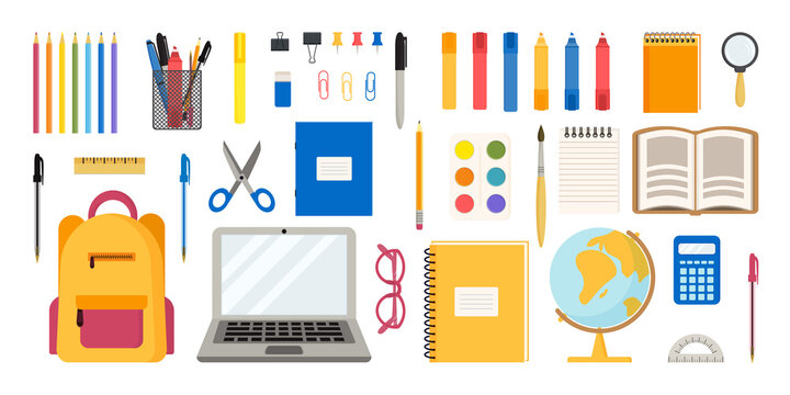 Flat vector illustration of set of school and office supplies. Back to school concept.