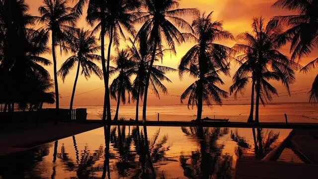 2020 - Excellent tracking aerial shot of sunset over the beach and water of the Rote Islands, Indonesia.