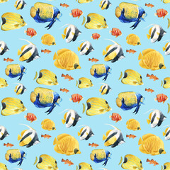 Beautiful vector seamless underwater pattern with cute watercolor colorful fish. Stock illustration.