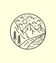 view of the mountains and street in mono line art, patch badge design, emblem design, T-Shirt Design