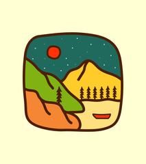 design of mountains and boats on the sea on the night for t-shirts design, badges, emblem, glasses, cups, smart phone, pins and other