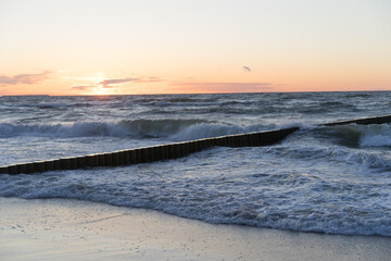 Baltic sea, front scenic view of waves on the beach, travel and summer panoramic background, web banner