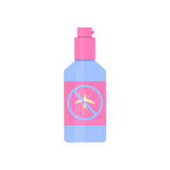 Mosquito spray from blue, pink bottle. Crossed out mosquito label. Means of protection against insects, bites, prevention. Vector illustration, flat cartoon design, isolated on white background, eps.