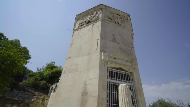 Gimbal parallax shot around the Tower of the Winds in the Roman Agora Ruins in Athens, Greece