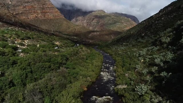 Aerial footage over the freestone streams in the Du Toitskloof mountains in the Western Cape of South Africa