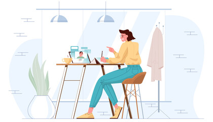 Flat woman work in cafe. Young girl sitting at the table with tablet, writing and participating in online video meeting using internet. Happy freelancer or office female working remotely use a laptop.