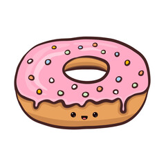 Hand draw donut with pink glaze. Kawaii donut with cute face. Cartoon style. Vector illustration.