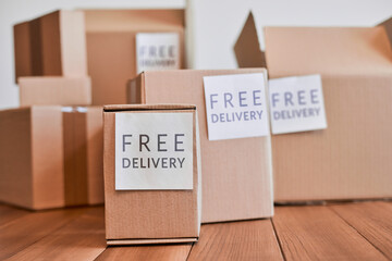 Cardboard boxes of different sizes and with free delivery labels