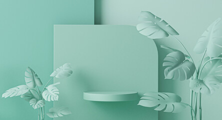Minimal scene with podium, tropical palms, monster leaves and abstract background. Pastel blue and green colors scene. Trendy 3d render for social media banners, promotion, cosmetic product show.
