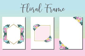 Wedding invitation frame set, floral watercolor hand drawn Colorful Rose Flower design Invitation Card Template