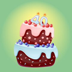 Forty years birthday cake with candles number 40. Cute cartoon festive vector image. Chocolate biscuit with berries, cherries and blueberries. Happy Birthday illustration for parties