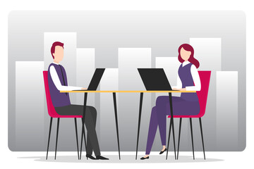 Fototapeta premium Man and woman working on laptops in office. Vector illustration.