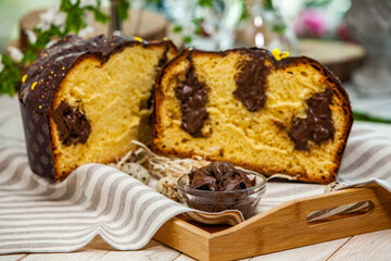 Panettone is an Italian type of sweet bread. Freshly baked sweet braided bread. Eastern European freshly baked dessert