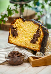 Panettone is an Italian type of sweet bread. Freshly baked sweet braided bread. Eastern European freshly baked dessert