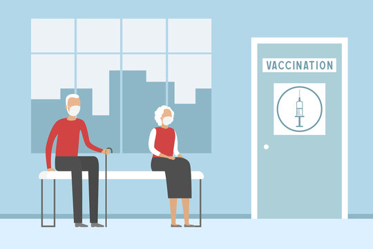 Aged people in vaccination station. Vector illustration.