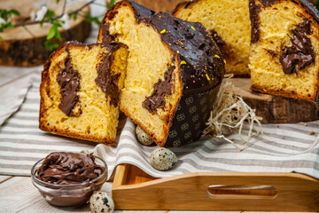 Panettone is an Italian type of sweet bread. Freshly baked sweet braided bread. Eastern European freshly baked dessert