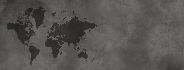 World map on black concrete wall background. Horizontal banner