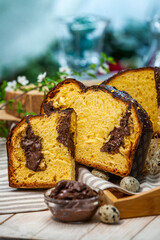 Panettone is an Italian type of sweet bread. Freshly baked sweet braided bread. Eastern European freshly baked dessert