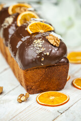 Panettone is an Italian type of sweet bread. Freshly baked sweet braided bread. Eastern European freshly baked dessert
