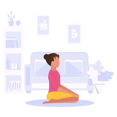 Woman practices yoga while sitting at home. The yoga pose is called Olmaz. The concept of a healthy lifestyle in the year of the pandemic. Quarantine. Insulation. Flat. Cartoon style. Vector.