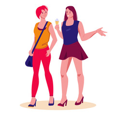 Two female friends walking in the summer, chat, spend time together. Happy girlfriends outdoors eating ice cream. Vector illustration in flat style.