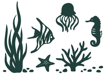 Laser cut template. Marine animals black silhouettes set: starfish, seaweed, jellyfish, sea horse, tropical reef fish closeup isolated on white. Wildlife sea coral reef, iron on, vector, vinyl design.