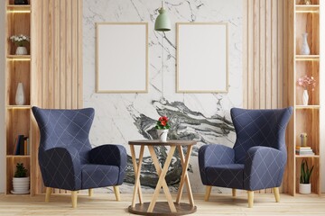 Living room with blue armchairs sits on the wooden floor, decorated with vases on the shelves, and has a picture frame on the marble wall behind it.3d rendering.