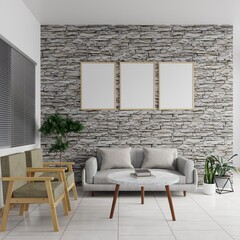 Picture frame on the brick wall in the living room has an armchair and sofa set on the floor, decorated with flower pots on the side.3d rendering.