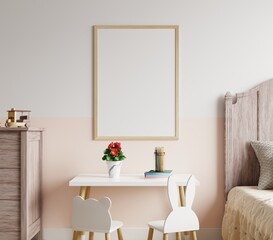 Obraz premium Photo frame mockup on a wall in a child's bedroom with a table and chairs on the floor.3d redering.