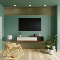 TV on the green wall, in the living room, decorated with wood, on the wall there are flower vases, on the wooden cabinets there are lamps. Plant pot with rocking chair on the floor 3D rendering.