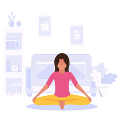 Obraz premium The woman is meditating at home. Yoga classes in quarantine. Cartoon style. The concept of a healthy lifestyle, yoga, concentration, meditation, relaxation. Flat bright illustration.