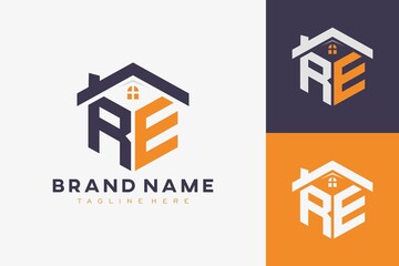 hexagon RE house monogram logo for real estate, property, construction business identity. box shaped home initiral with fav icons vector graphic template