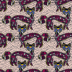 Magic quirky living dead contemporary style bone zombie Cat seamless pattern. Retro modern kitty aesthetic background.