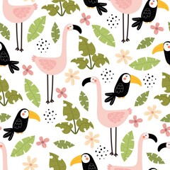 Seamless pattern with cartoon flamingo, toucans, leaves, decor elements.  colorful vector for kids. hand drawing, flat style. baby design for fabric, print, textile, wrapper