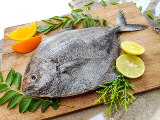 Closeup view of black pomfret fish decorated with fruits and herbs on a wooden background,Selective...