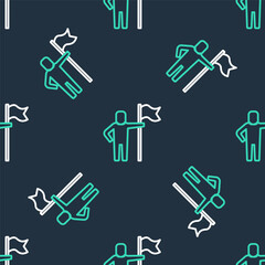 Line Man holding flag icon isolated seamless pattern on black background. Victory, winning and conquer adversity concept. Vector