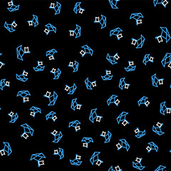Line Folded paper boat icon isolated seamless pattern on black background. Origami paper ship. Vector
