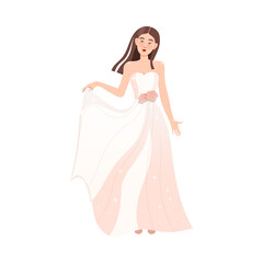 Fototapeta na wymiar Young Bride in White Wedding Dress Standing as Newlywed or Just Married Female Vector Illustration