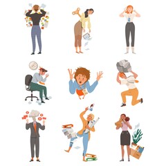 Stressed out Office Employees Overwhelmed with Loads of Duties and Multitasking Vector Illustration Set