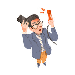 Stressed out Man Office Employee with Ringing Smartphone and Desk Phone Failing in Multitasking Vector Illustration