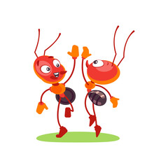 Two cartoon funny ants in a team greet each other. The concept of cooperation. The orange fire insect builds a nest and collects food for the winter. Vector illustration isolated on white background