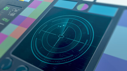 close-up of a vintage control panel, monitor with a radar scanner, science fiction, spaceship control room (3d render)