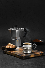 Espresso coffee, broun sugar and geyser coffee maker