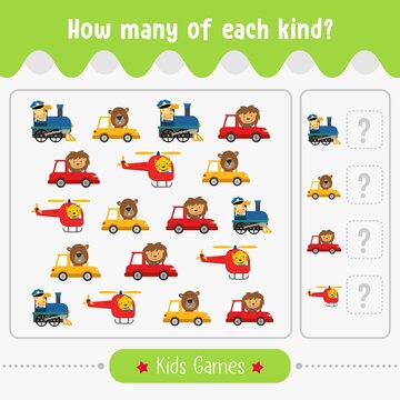 Counting educational children game. Kids activity for preschool children with how many of each kind pictures cartoon counting objects vector illustration