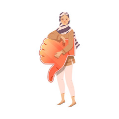 Young Muslim Woman in Hijab Holding Thumb Down Sign as Notification of Disapproval Vector Illustration